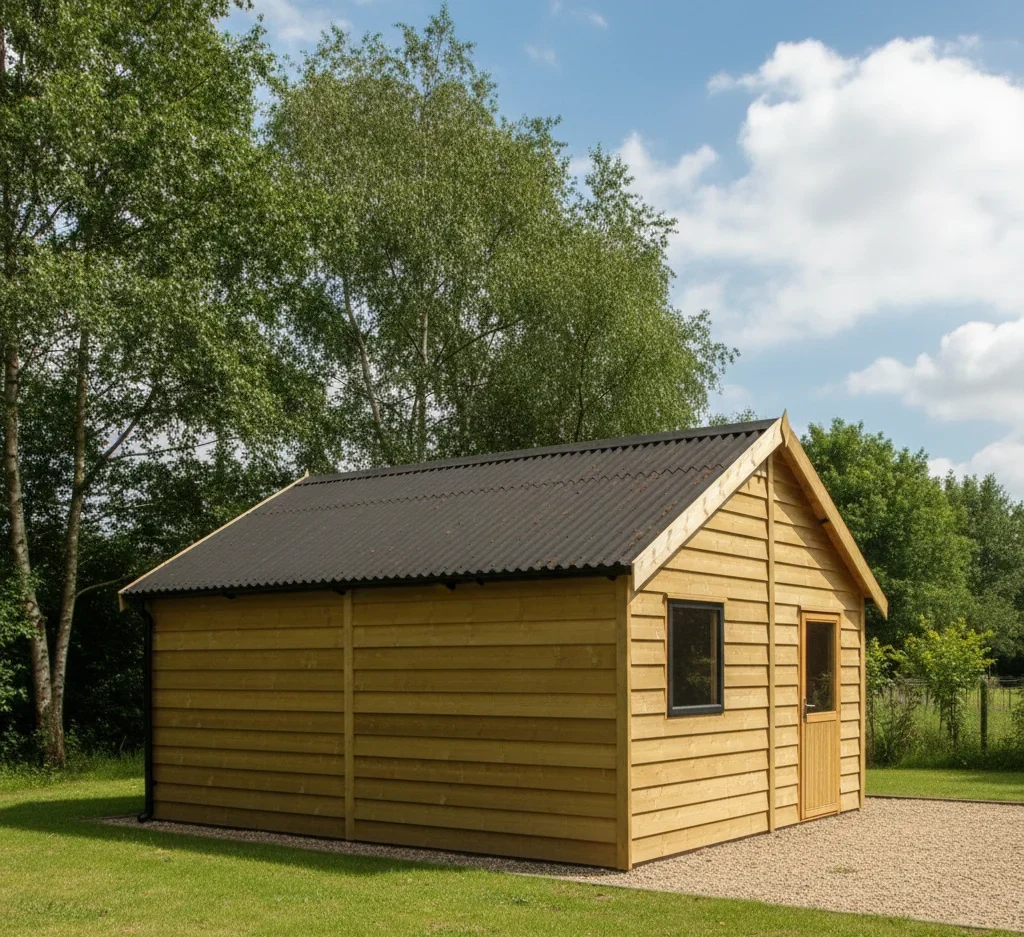 Shed with corrugated roofing